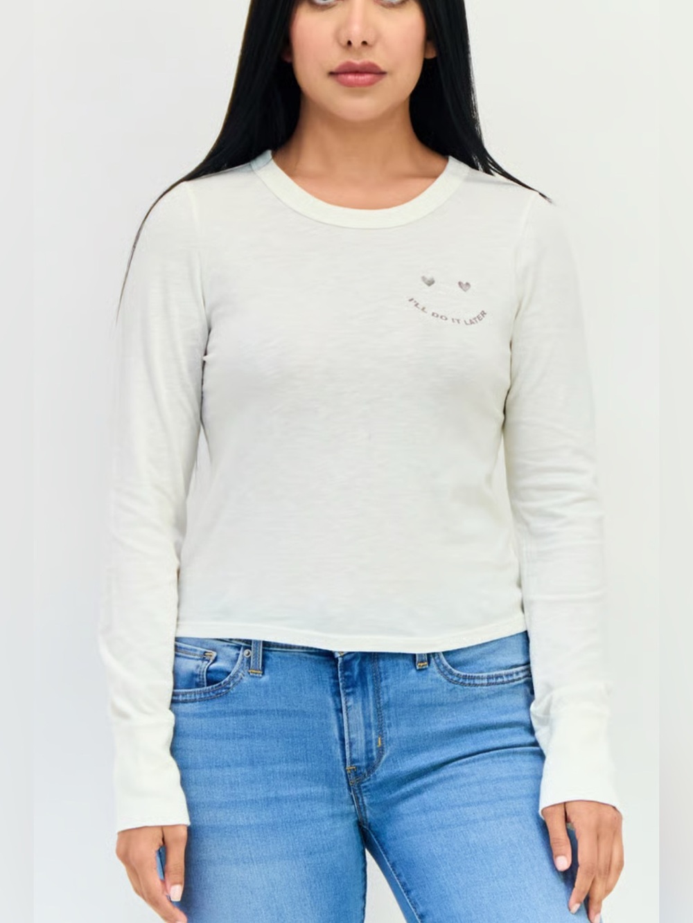 NWT aerie Cream Long-Sleeve Crewneck w Subtle Chest Graphic “I’ll Do It Later”